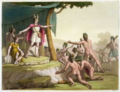 الملك Manco Capac والملكة Coya Mama يستقبلان تكريمًا من "Le Costume Ancien et Moderne" ، المجلد الأول ، اللوحة 16 ، بقلم Jules Ferrario ، تم نشره في 1820s-30s (نقش الألوان) بواسطة جالو غالينا